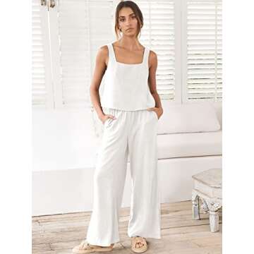 Prinbara Women's 2 Piece Outfits Lounge Sets Sleeveless Square Neck Linen Tank Crop Top Wide Leg Pants Matching Sets White Large