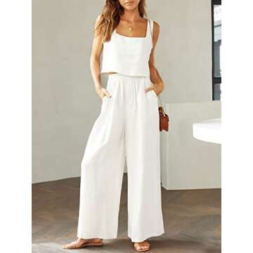 Prinbara Women's 2 Piece Outfits Lounge Sets Sleeveless Square Neck Linen Tank Crop Top Wide Leg Pants Matching Sets White Large