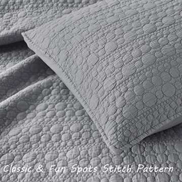 Quilt Set King Size Grey, Classic Geometric Spots Stitched Pattern, Stone-Washed Microfiber Chic Rustic Look, Ultra Soft Lightweight Quilted Bedspread for All Season, 3 Pieces