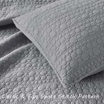 Quilt Set King Size Grey, Classic Geometric Spots Stitched Pattern, Stone-Washed Microfiber Chic Rustic Look, Ultra Soft Lightweight Quilted Bedspread for All Season, 3 Pieces