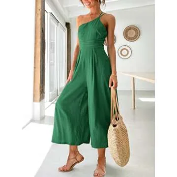 ANRABESS Women's Summer Straps One Shoulder High Waist Dressy Casual Wide Leg Linen Jumpsuit Romper ...