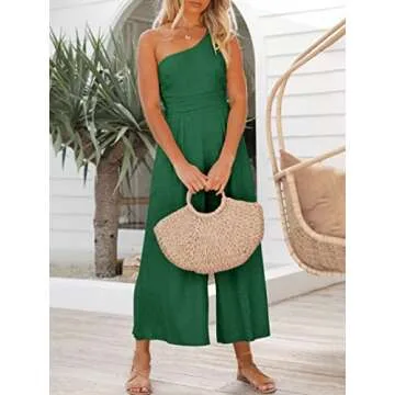 ANRABESS Women's Summer Straps One Shoulder High Waist Dressy Casual Wide Leg Linen Jumpsuit Romper Beach Travel Outfits Forest Small