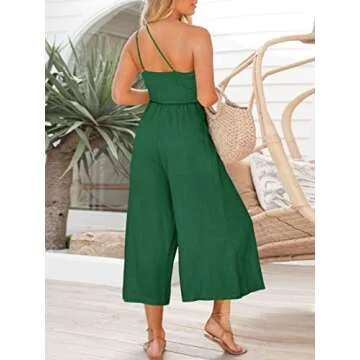 ANRABESS Women's Summer Straps One Shoulder High Waist Dressy Casual Wide Leg Linen Jumpsuit Romper Beach Travel Outfits Forest Small