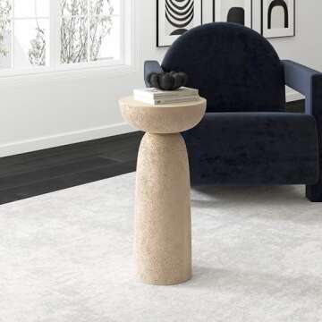 THKSHOUZ Pedestal Side Table, Modern Round End Table for Home Decor, Stone-Inspired Accent Table with Hourglass Design, Beige Tall Sofa Side Table for Living Room or Patio, 24'' Tall