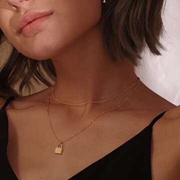 MEVECCO Gold Dainty Layer Lock Necklace,18K Gold Plated Cute Delicate Tiny Layered Bead Chain Necklace,Trendy Minimalist Necklace for Women
