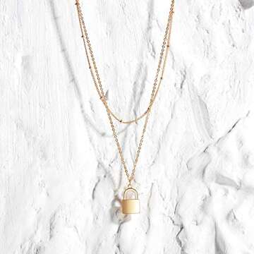 MEVECCO Gold Dainty Layer Lock Necklace,18K Gold Plated Cute Delicate Tiny Layered Bead Chain Necklace,Trendy Minimalist Necklace for Women