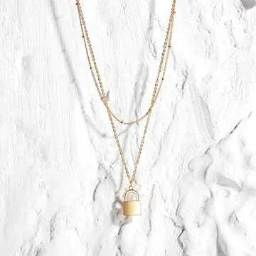 MEVECCO Gold Dainty Layer Lock Necklace,18K Gold Plated Cute Delicate Tiny Layered Bead Chain Necklace,Trendy Minimalist Necklace for Women