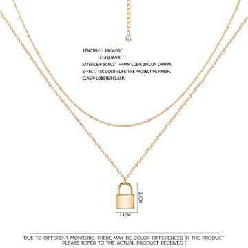 MEVECCO Gold Dainty Layer Lock Necklace,18K Gold Plated Cute Delicate Tiny Layered Bead Chain Necklace,Trendy Minimalist Necklace for Women