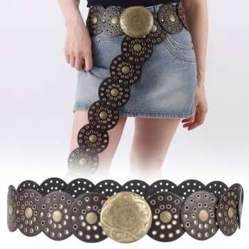 Dazzleimart Hollow Disc Belt Western Style Exaggerated Cowboy Wide Disc Belt Metal Buckle Vintage Soft Belt for Women
