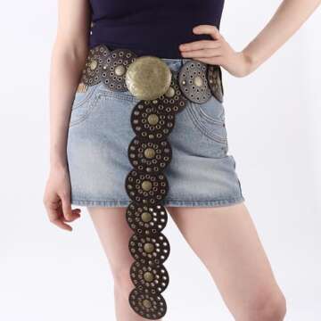 Dazzleimart Hollow Disc Belt Western Style Exaggerated Cowboy Wide Disc Belt Metal Buckle Vintage Soft Belt for Women