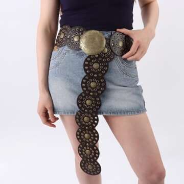 Dazzleimart Hollow Disc Belt Western Style Exaggerated Cowboy Wide Disc Belt Metal Buckle Vintage Soft Belt for Women