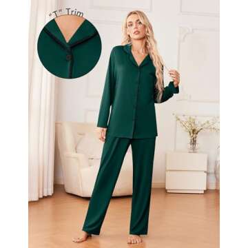 Ekouaer Womens Pajama Sets 2 Piece Long Sleeve Sleepwear Soft Button Down Pjs Lounge Set Dark Green ...