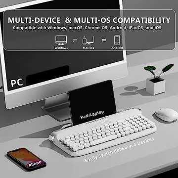 YUNZII Upgraded Wireless Typewriter Keyboard,with Retro Integrated Stand,USB-C/Bluetooth,Cute Round Keycaps, USB-C/Bluetooth Connection for Table, Phone, PC and Win/Mac/Android (B309, Snow White)