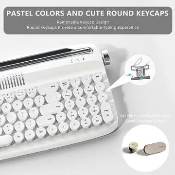 YUNZII Upgraded Wireless Typewriter Keyboard,with Retro Integrated Stand,USB-C/Bluetooth,Cute Round Keycaps, USB-C/Bluetooth Connection for Table, Phone, PC and Win/Mac/Android (B309, Snow White)