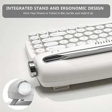 YUNZII Upgraded Wireless Typewriter Keyboard,with Retro Integrated Stand,USB-C/Bluetooth,Cute Round Keycaps, USB-C/Bluetooth Connection for Table, Phone, PC and Win/Mac/Android (B309, Snow White)