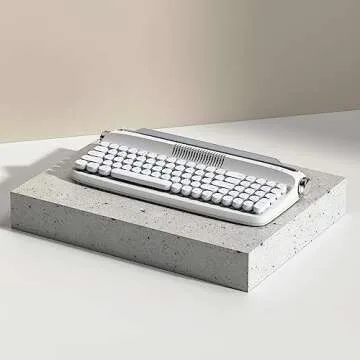 YUNZII Upgraded Wireless Typewriter Keyboard,with Retro Integrated Stand,USB-C/Bluetooth,Cute Round Keycaps, USB-C/Bluetooth Connection for Table, Phone, PC and Win/Mac/Android (B309, Snow White)