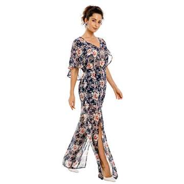 Fleur Wood Fashion Floral Romper Jumpsuit Long Pants Short Sleeve V Neck Summer Navy