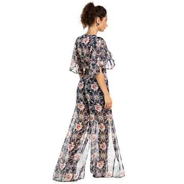 Fleur Wood Fashion Floral Romper Jumpsuit Long Pants Short Sleeve V Neck Summer Navy