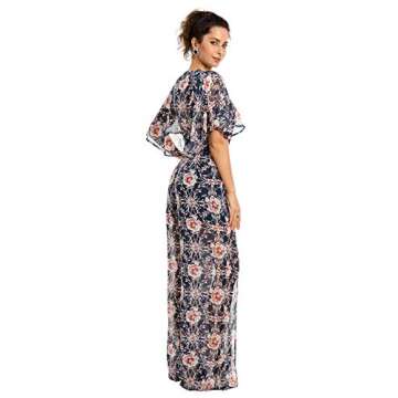 Fleur Wood Fashion Floral Romper Jumpsuit Long Pants Short Sleeve V Neck Summer Navy