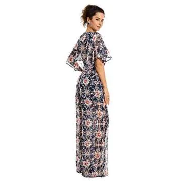 Fleur Wood Fashion Floral Romper Jumpsuit Long Pants Short Sleeve V Neck Summer Navy