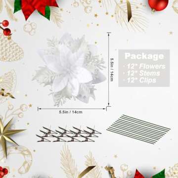 Vitalili 12 Pcs Poinsettia Artificial Christmas Flowers Decorations with Clips and Stems Glitter Chr...