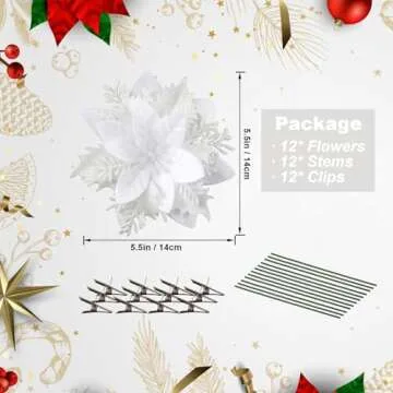 Vitalili 12 Pcs Poinsettia Artificial Christmas Flowers Decorations with Clips and Stems Glitter Chr...