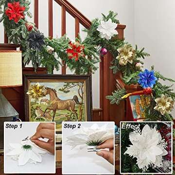 Vitalili 12 Pcs Poinsettia Artificial Christmas Flowers Decorations with Clips and Stems Glitter Christmas Poinsettia Decorations for Xmas Tree Ornaments Winter Party Wreath Decoration (White)