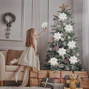 Vitalili 12 Pcs Poinsettia Artificial Christmas Flowers Decorations with Clips and Stems Glitter Christmas Poinsettia Decorations for Xmas Tree Ornaments Winter Party Wreath Decoration (White)