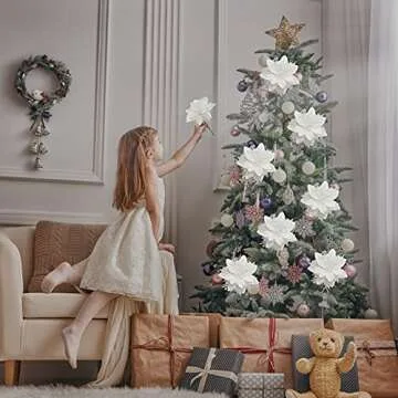 Vitalili 12 Pcs White Glitter Poinsettia Flowers for Christmas