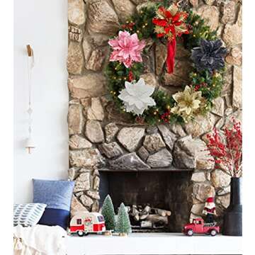 Vitalili 12 Pcs Poinsettia Artificial Christmas Flowers Decorations with Clips and Stems Glitter Christmas Poinsettia Decorations for Xmas Tree Ornaments Winter Party Wreath Decoration (White)