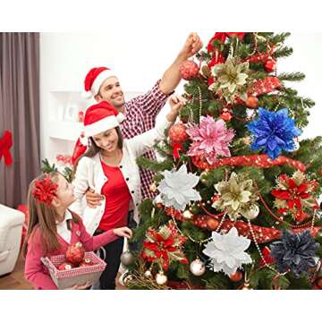 Vitalili 12 Pcs Poinsettia Artificial Christmas Flowers Decorations with Clips and Stems Glitter Christmas Poinsettia Decorations for Xmas Tree Ornaments Winter Party Wreath Decoration (White)