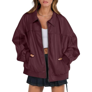 Fashionable ANRABESS Women's Oversized Leather Jackets in Winered - Perfect for Fall