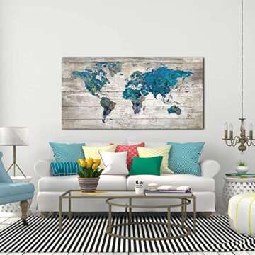 Abstract Watercolor Blue World Map Canvas Wall Art Prints for Living Room Office Large Teal White Watercolor World Map Picture Framed Artwork Decor for Home Bedroom Decoration