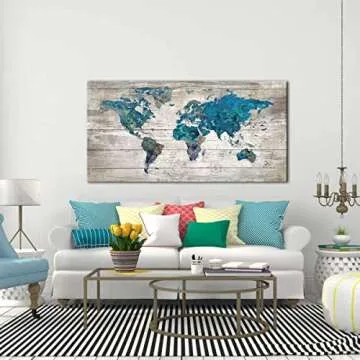 Abstract Watercolor Blue World Map Canvas Wall Art Prints for Living Room Office Large Teal White Watercolor World Map Picture Framed Artwork Decor for Home Bedroom Decoration