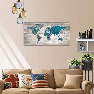 Abstract Watercolor Blue World Map Canvas Wall Art Prints for Living Room Office Large Teal White Watercolor World Map Picture Framed Artwork Decor for Home Bedroom Decoration