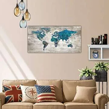 Abstract Watercolor Blue World Map Canvas Wall Art Prints for Living Room Office Large Teal White Watercolor World Map Picture Framed Artwork Decor for Home Bedroom Decoration