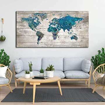 Abstract Watercolor Blue World Map Canvas Wall Art Prints for Living Room Office Large Teal White Watercolor World Map Picture Framed Artwork Decor for Home Bedroom Decoration