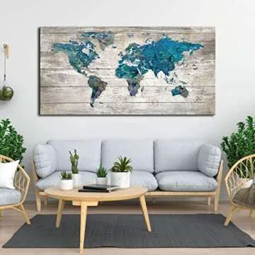 Abstract Watercolor Blue World Map Canvas Wall Art Prints for Living Room Office Large Teal White Watercolor World Map Picture Framed Artwork Decor for Home Bedroom Decoration