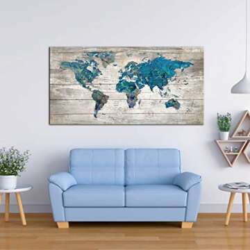 Abstract Watercolor Blue World Map Canvas Wall Art Prints for Living Room Office Large Teal White Watercolor World Map Picture Framed Artwork Decor for Home Bedroom Decoration