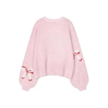 Libsorge Womens Oversized Cute Bow Tie Sweater Fall Winter 2024 Spring 2025 Ladies Dressy Casual Cozy Chunky Ribbed Knit Crewneck Long Sleeve Pullover Tops Pink