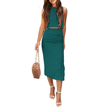 PRETTYGARDEN Women's 2 Piece Summer Outfits Crewneck Tank Tops Split Bodycon Midi Skirt Set (Dark Gr...