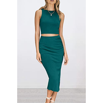 PRETTYGARDEN Women's 2 Piece Summer Outfits Crewneck Tank Tops Split Bodycon Midi Skirt Set (Dark Green,Medium)