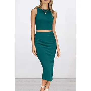 PRETTYGARDEN Women's 2 Piece Summer Outfits Crewneck Tank Tops Split Bodycon Midi Skirt Set (Dark Green,Medium)