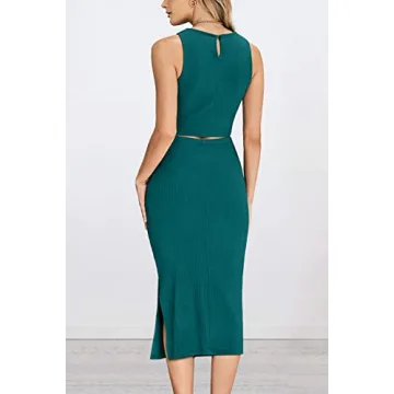 PRETTYGARDEN Women's 2 Piece Summer Outfits Crewneck Tank Tops Split Bodycon Midi Skirt Set (Dark Green,Medium)
