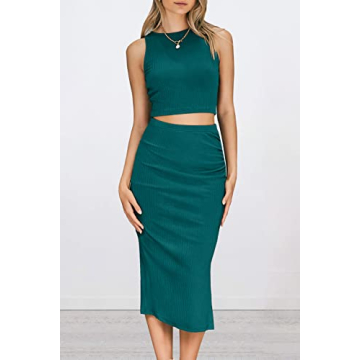 PRETTYGARDEN Women's 2 Piece Summer Outfits Crewneck Tank Tops Split Bodycon Midi Skirt Set (Dark Green,Medium)