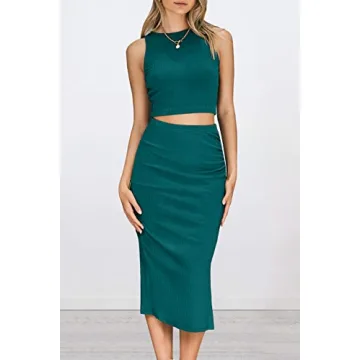 PRETTYGARDEN Women's 2 Piece Summer Outfits Crewneck Tank Tops Split Bodycon Midi Skirt Set (Dark Green,Medium)