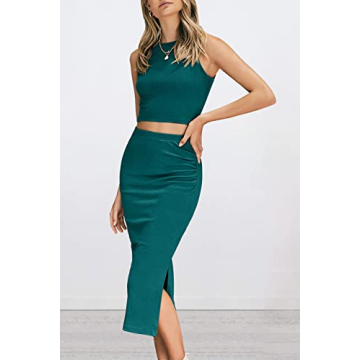 PRETTYGARDEN Women's 2 Piece Summer Outfits Crewneck Tank Tops Split Bodycon Midi Skirt Set (Dark Green,Medium)