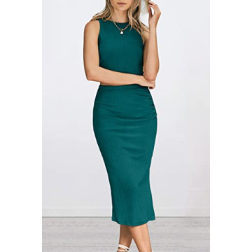 PRETTYGARDEN Women's 2 Piece Summer Outfits Crewneck Tank Tops Split Bodycon Midi Skirt Set (Dark Green,Medium)