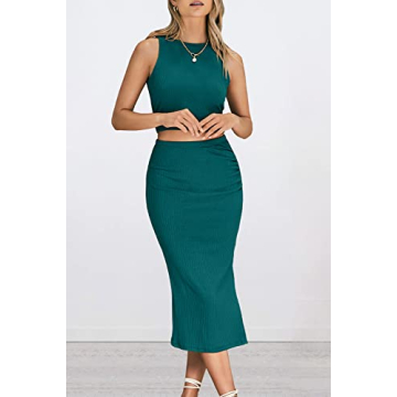 PRETTYGARDEN Women's 2 Piece Summer Outfits Crewneck Tank Tops Split Bodycon Midi Skirt Set (Dark Green,Medium)