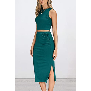 PRETTYGARDEN Women's 2 Piece Summer Outfits Crewneck Tank Tops Split Bodycon Midi Skirt Set (Dark Green,Medium)